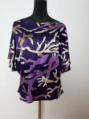 Mack and Mack 100% Silk Abstract Purple Boatneck Blouse w/ Cream Accents Size M